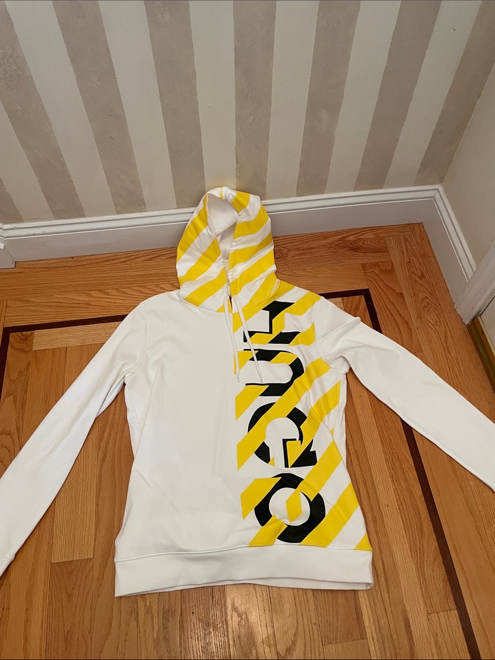 Hugo Boss White Hoodie with Yellow and Black Diagonal Graphic